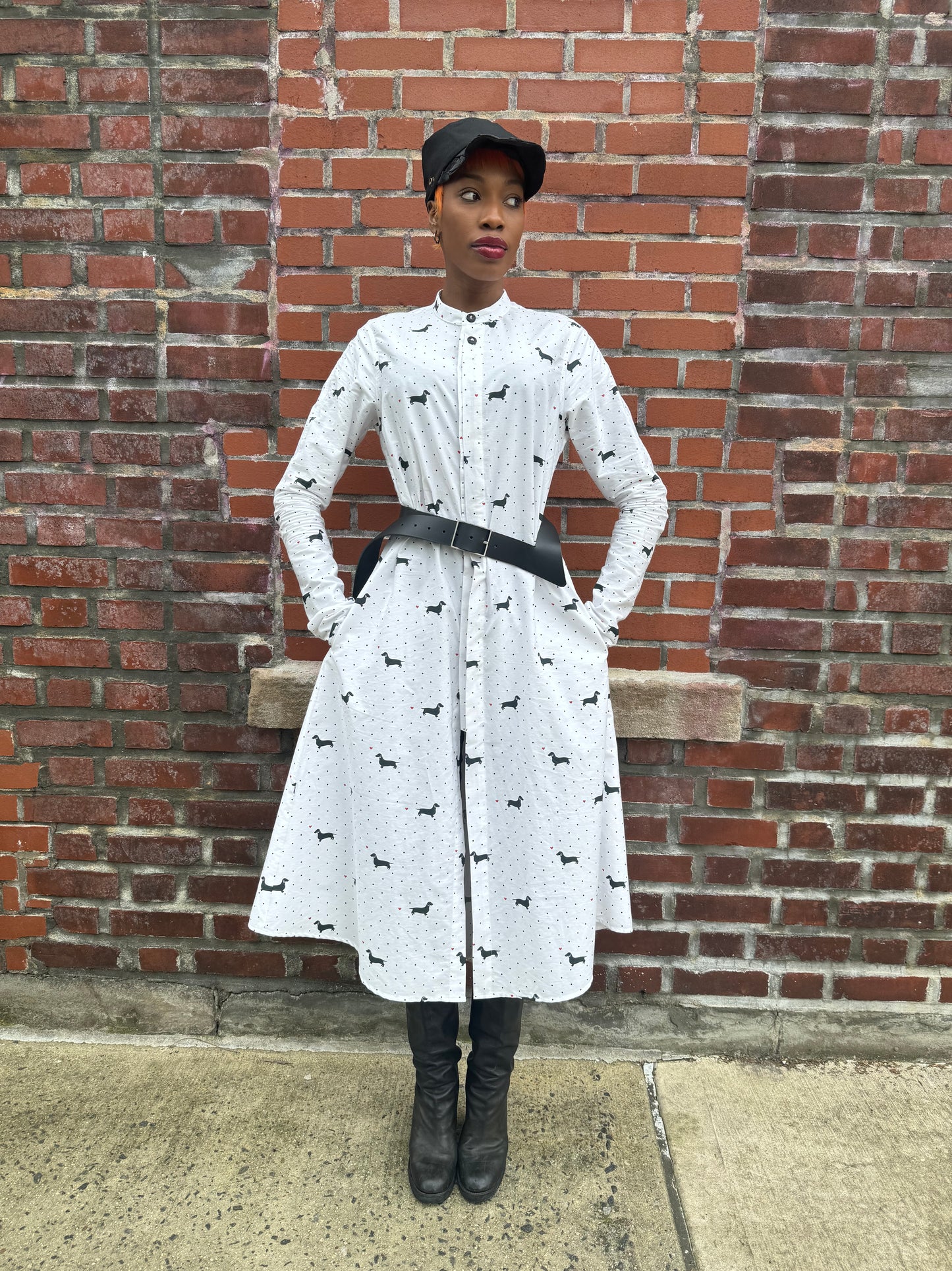 SS24 || FAULTED SHOULDER JENN LONG SLEEVE DRESS || DOG PRINT