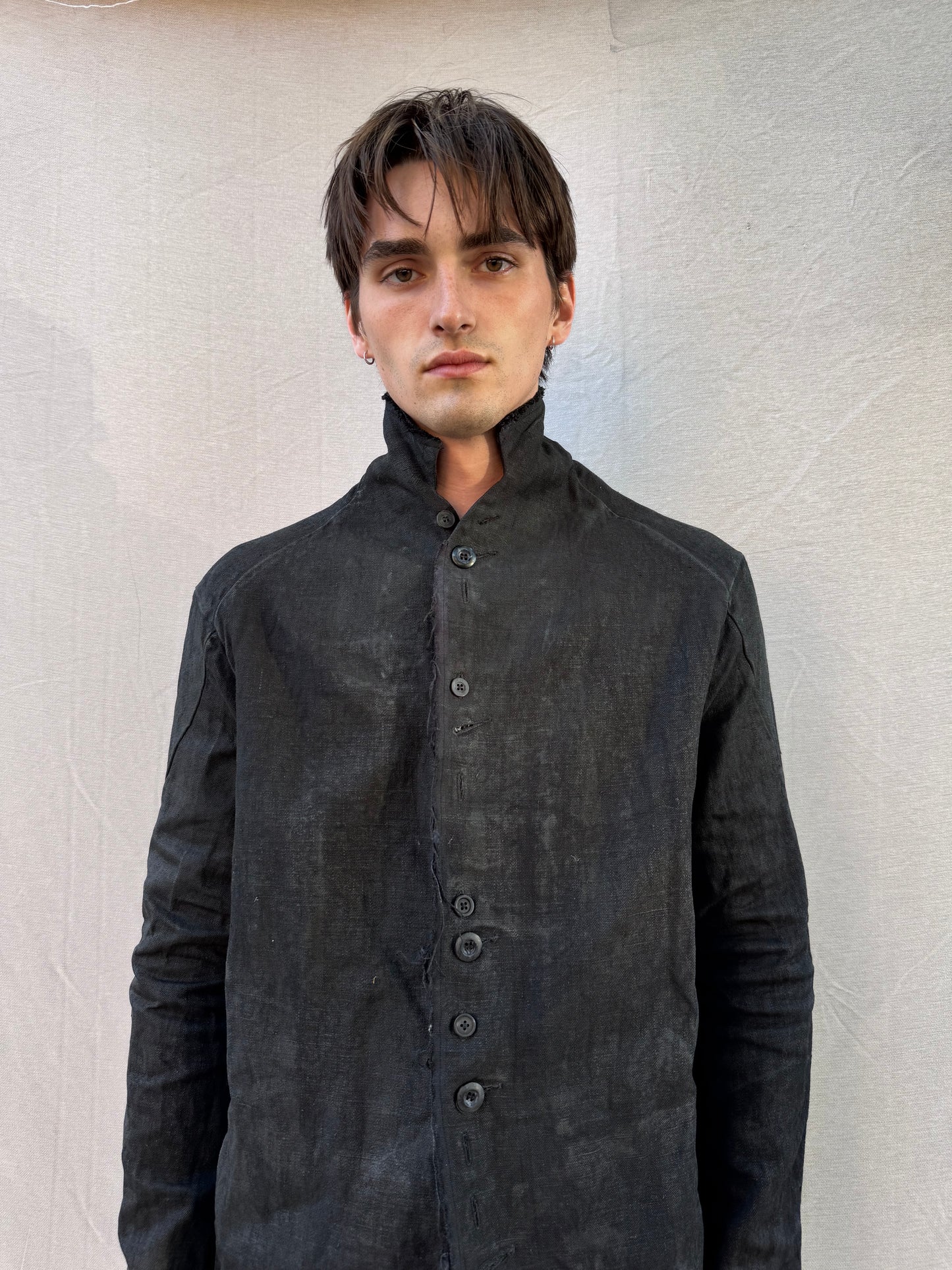 FW25 || PROTOLOGICAL ARCHETYPE LONG SHIRT JACKET || CHARCOAL COATED BLACK