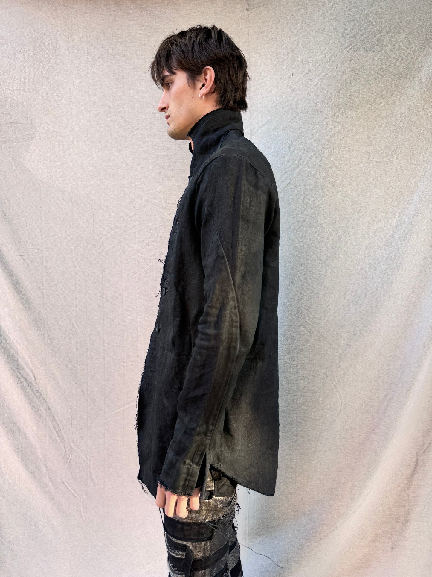 FW25 || PROTOLOGICAL ARCHETYPE LONG SHIRT JACKET || CHARCOAL COATED BLACK