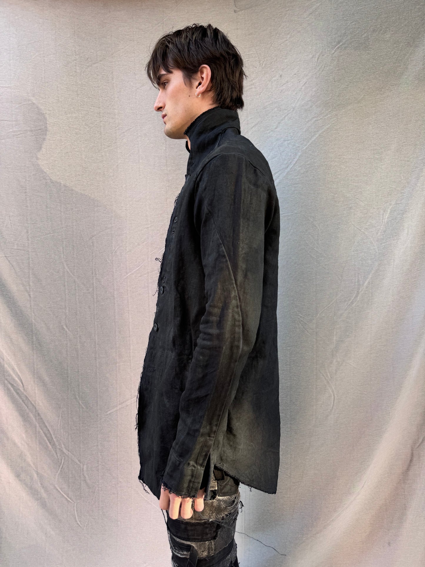 FW25 || PROTOLOGICAL ARCHETYPE LONG SHIRT JACKET || CHARCOAL COATED BLACK