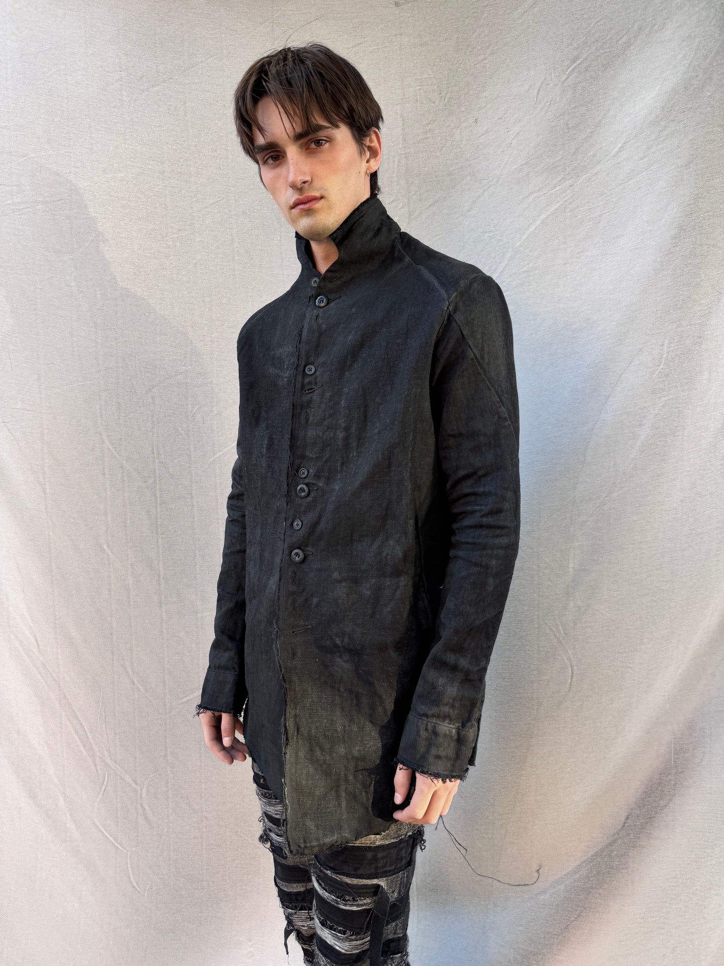 FW25 || PROTOLOGICAL ARCHETYPE LONG SHIRT JACKET || CHARCOAL COATED BLACK