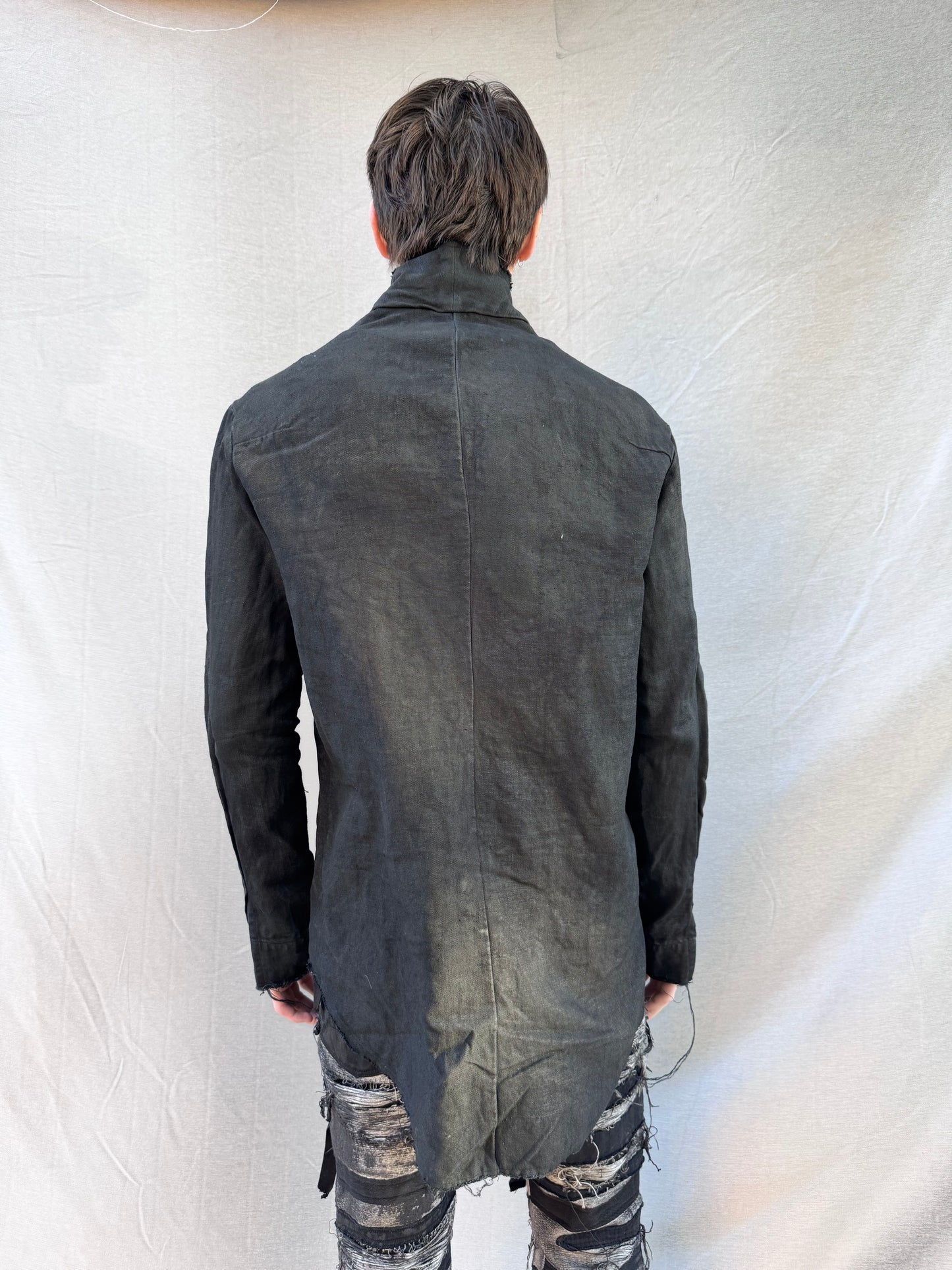 FW25 || PROTOLOGICAL ARCHETYPE LONG SHIRT JACKET || CHARCOAL COATED BLACK
