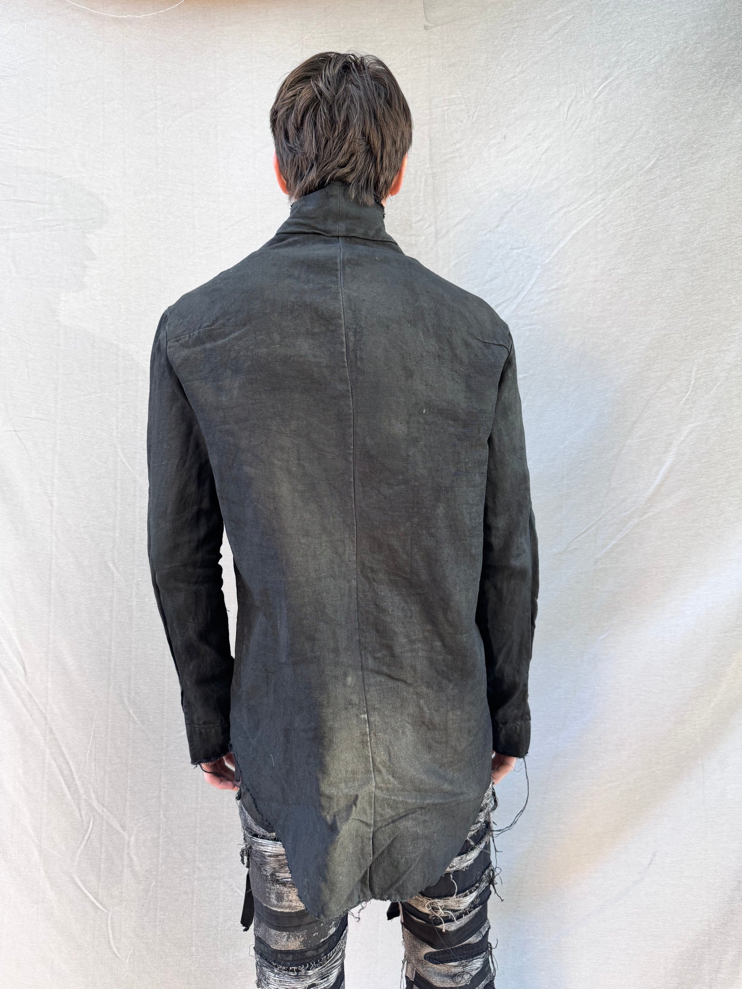 FW25 || PROTOLOGICAL ARCHETYPE LONG SHIRT JACKET || CHARCOAL COATED BLACK