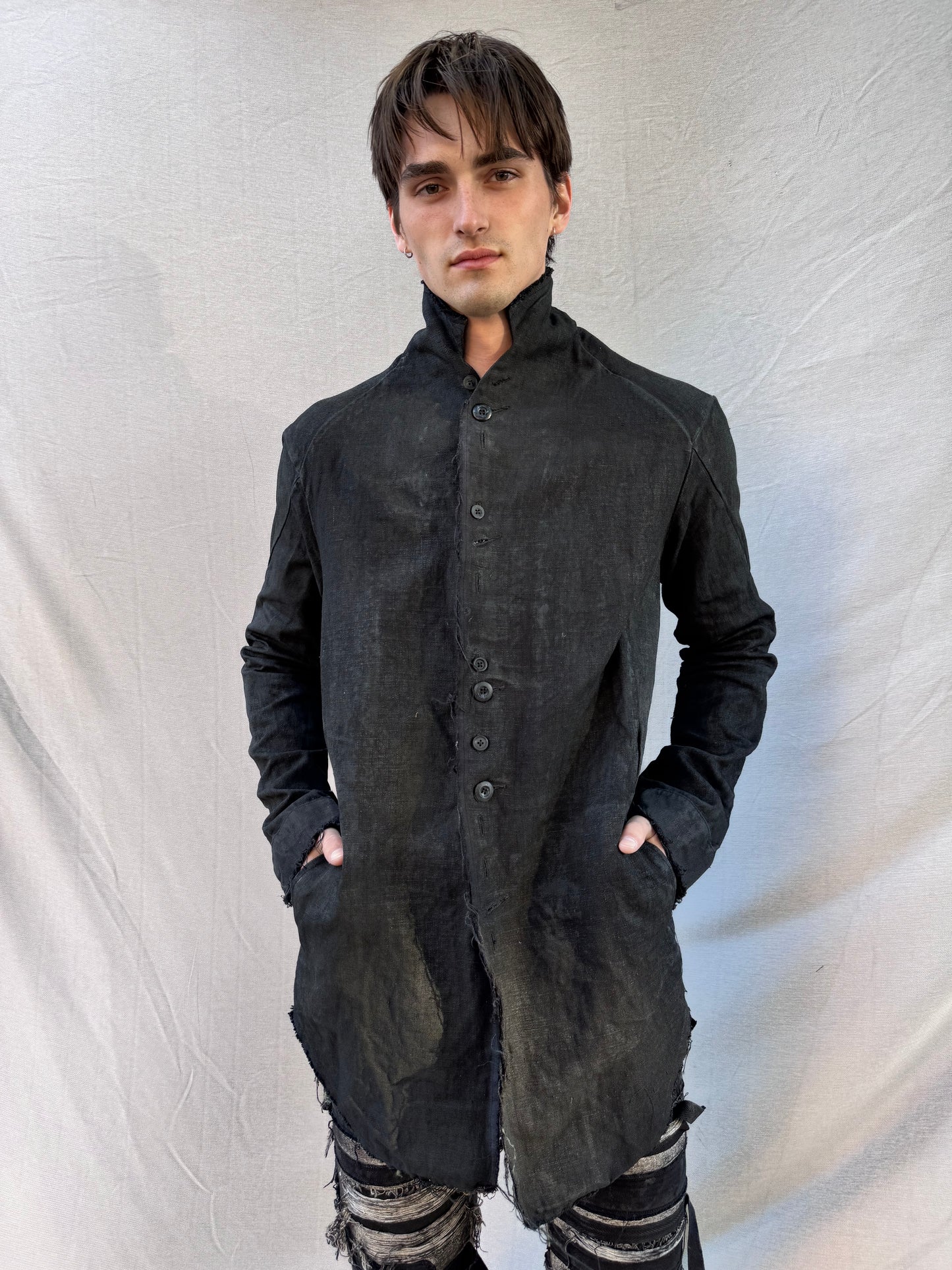 FW25 || PROTOLOGICAL ARCHETYPE LONG SHIRT JACKET || CHARCOAL COATED BLACK