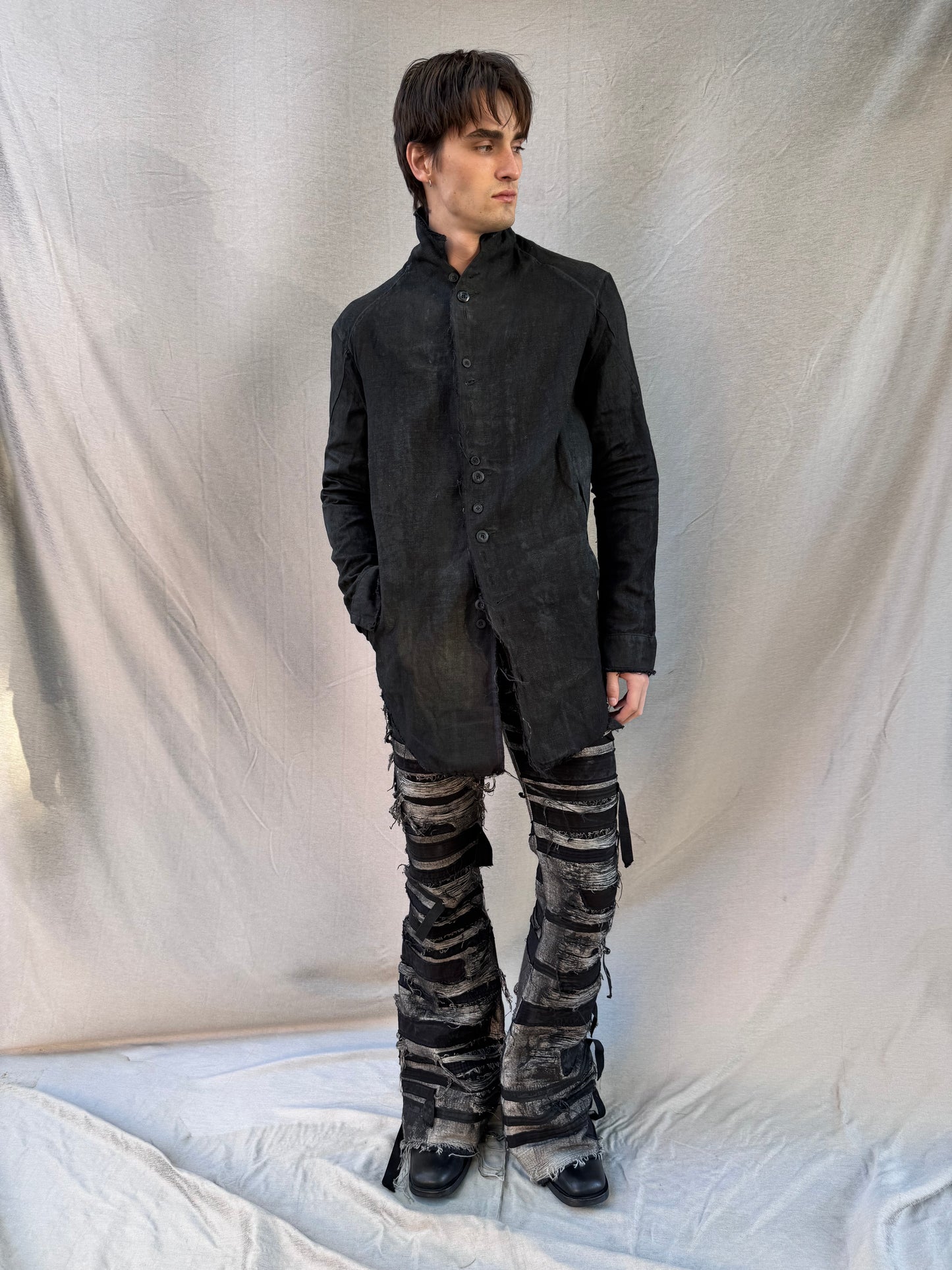 FW25 || PROTOLOGICAL ARCHETYPE LONG SHIRT JACKET || CHARCOAL COATED BLACK