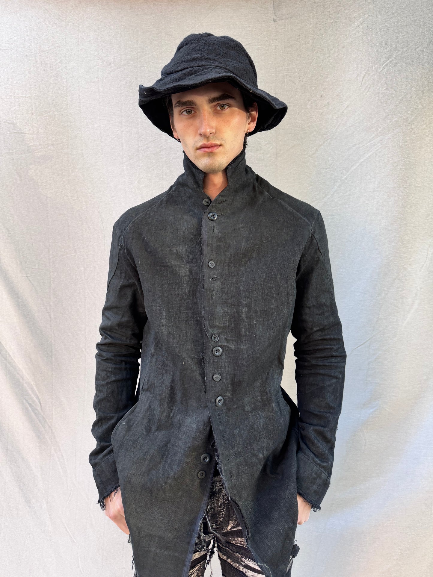 FW25 || PROTOLOGICAL ARCHETYPE LONG SHIRT JACKET || CHARCOAL COATED BLACK