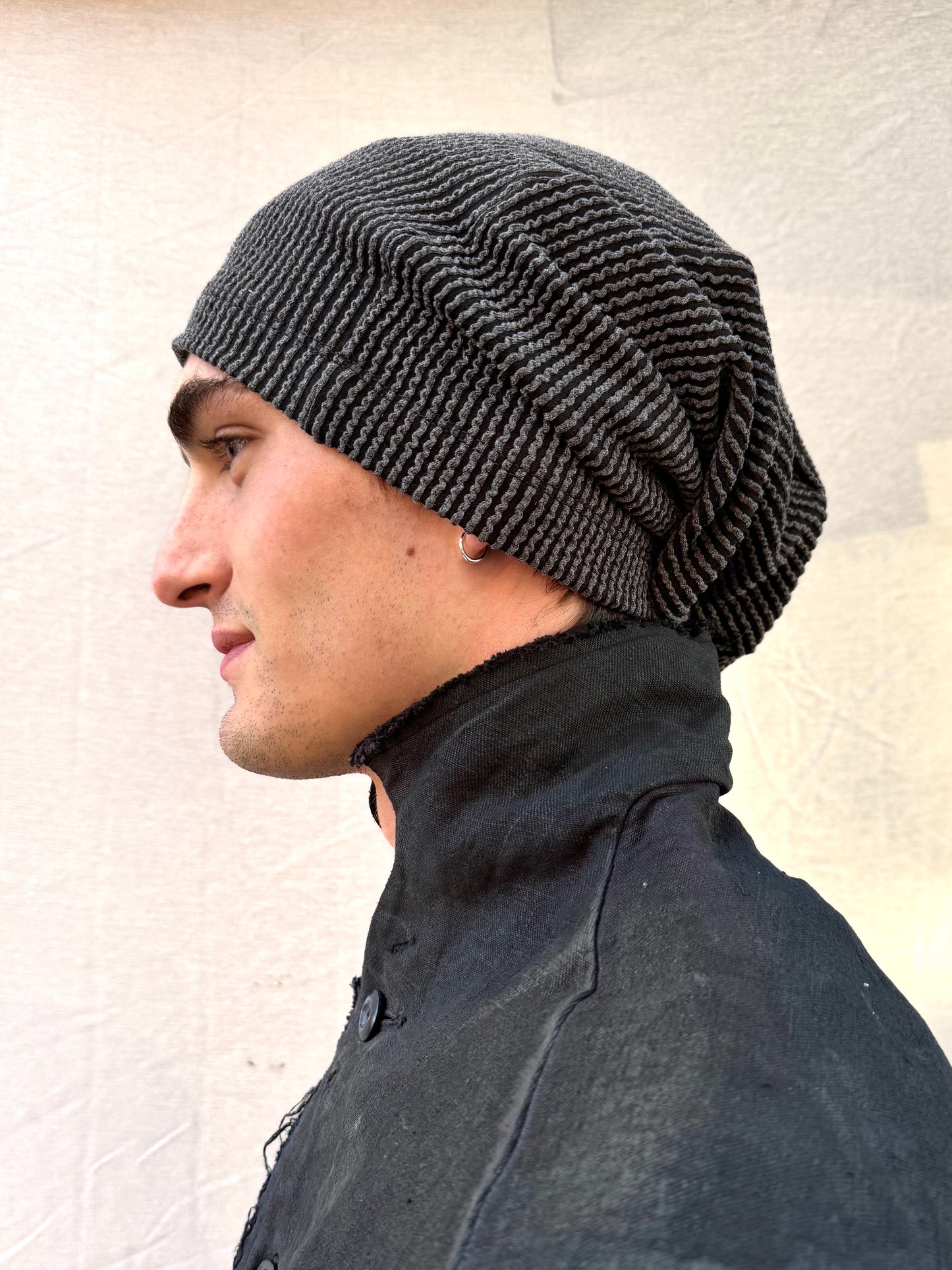 FW25 || LONG DOME BEANIE ||GREY -GREY TEXTURED STRIPE