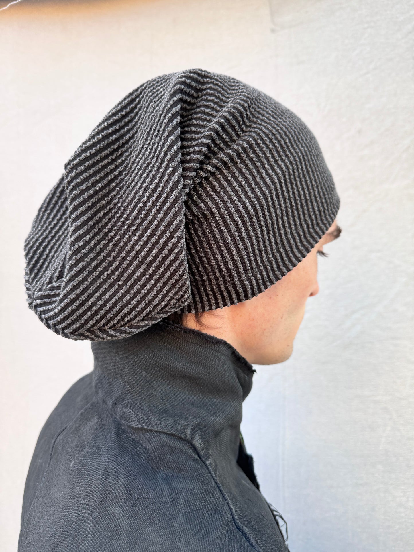 FW25 || LONG DOME BEANIE ||GREY -GREY TEXTURED STRIPE