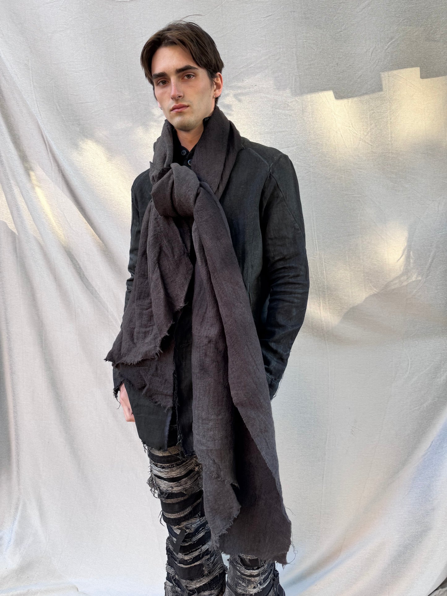 FW25 || LARGE BOILED WOOL BROCADE STOLE || BLACK