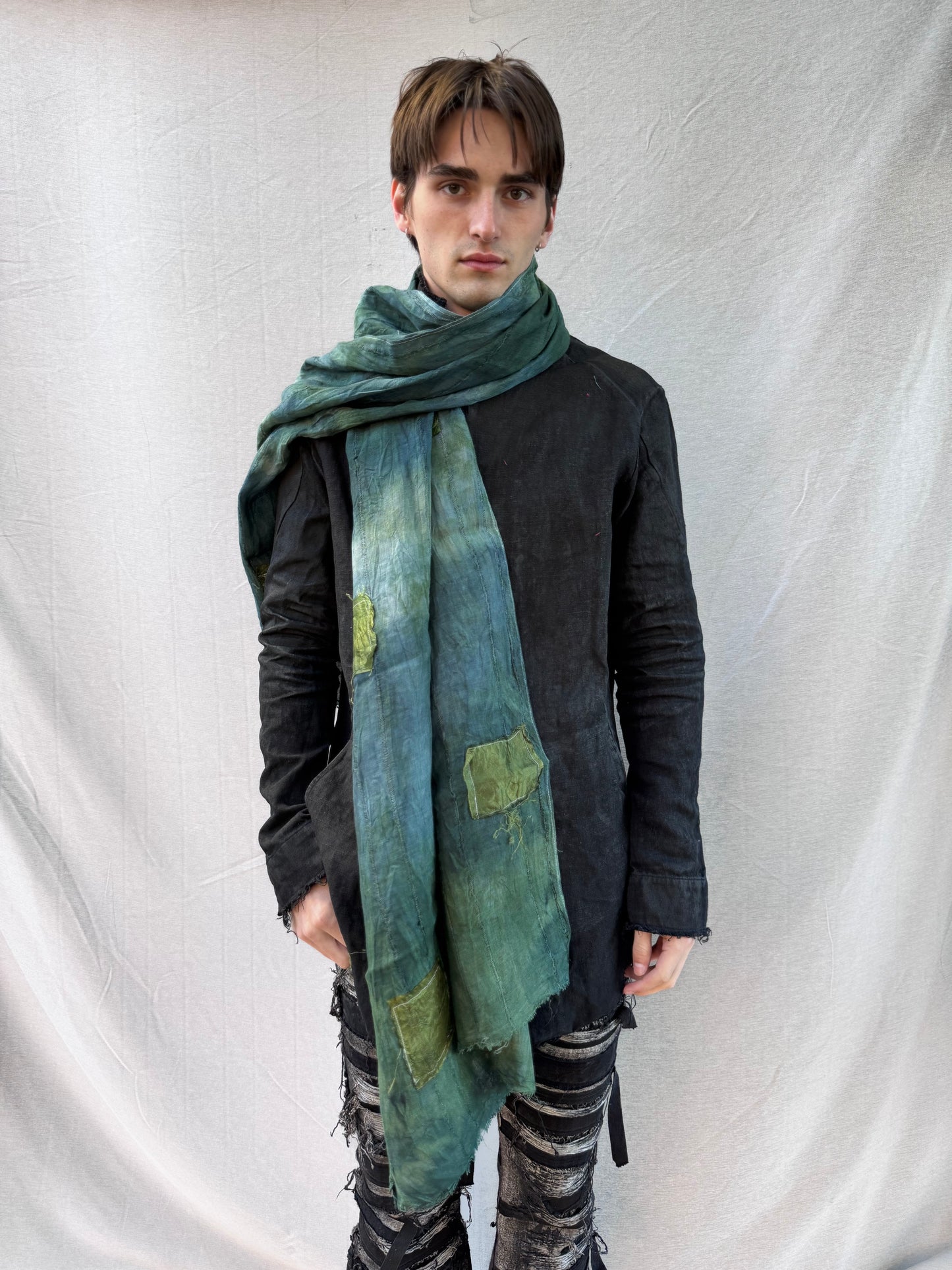 FW25 || SILK PATCHWORK LINEN SCARF || OD GREEN