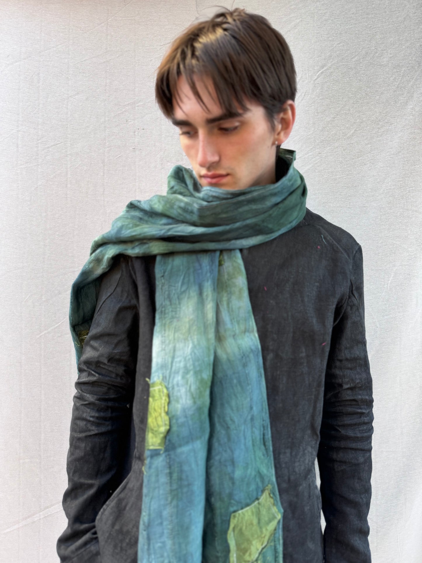 FW25 || SILK PATCHWORK LINEN SCARF || OD GREEN