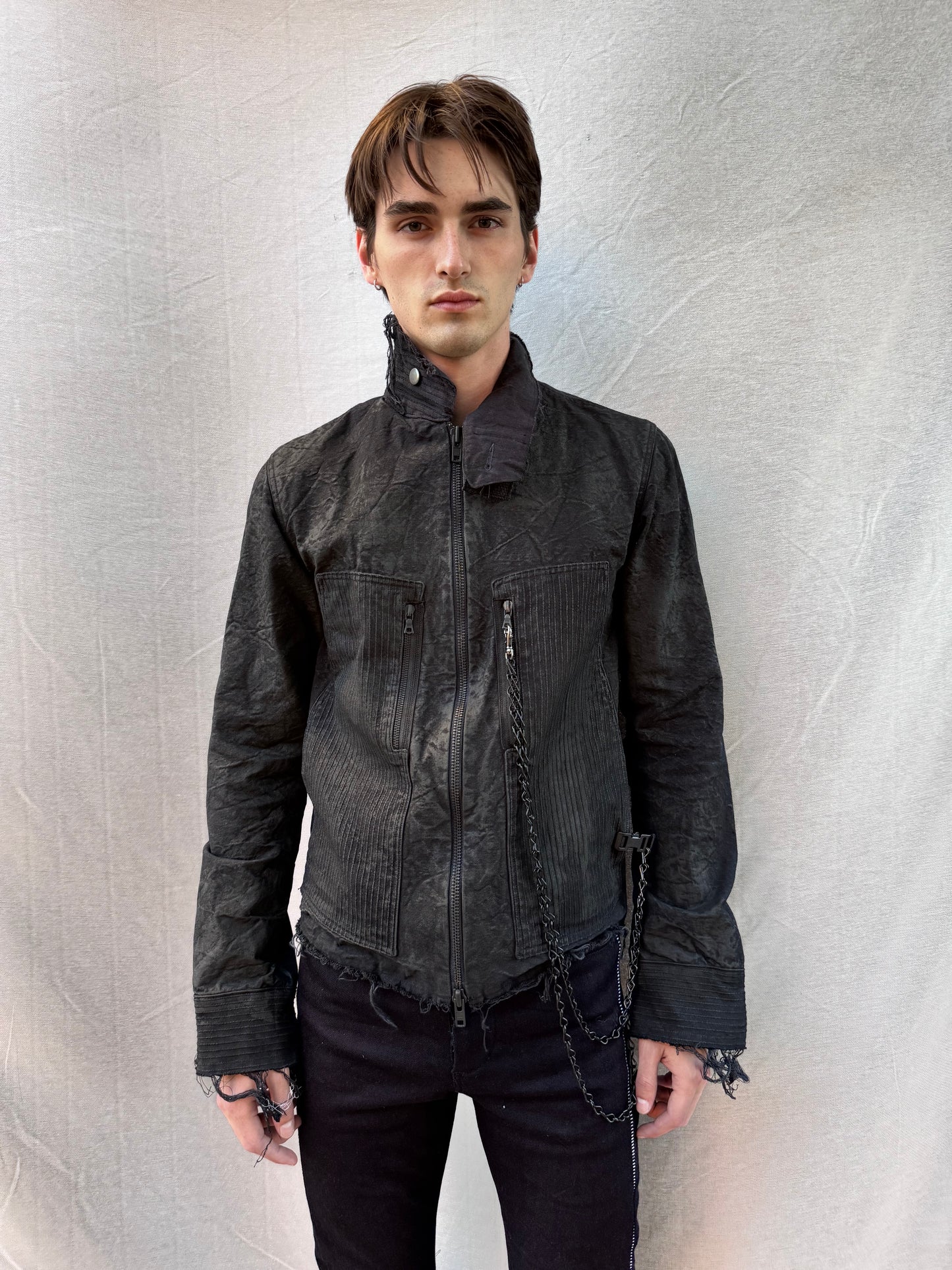 FW25 || FAULTED SHOULDER KEYCHAIN WORK JACKET|| CHARCOAL COATED COTTON