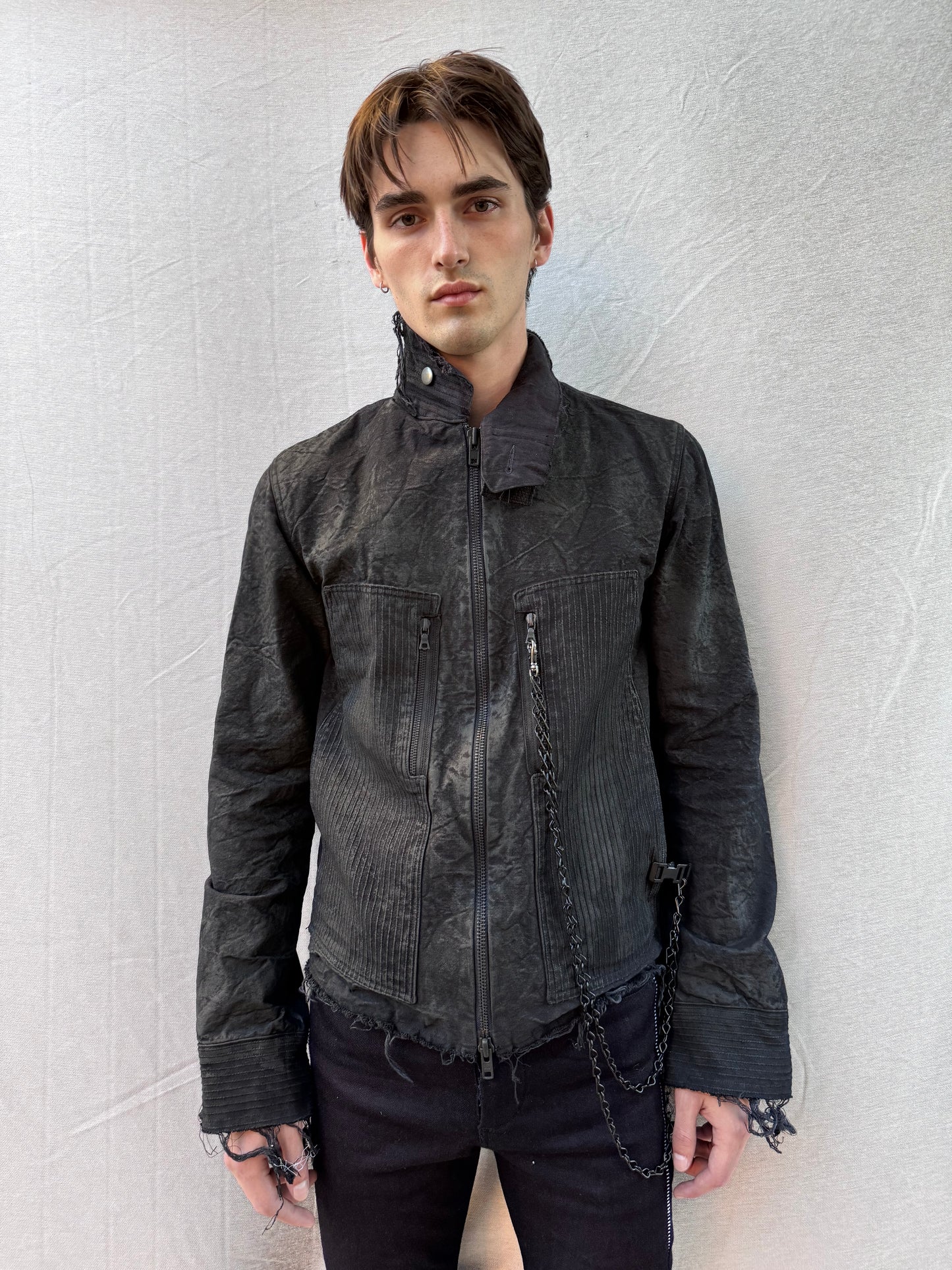 FW25 || FAULTED SHOULDER KEYCHAIN WORK JACKET|| CHARCOAL COATED COTTON
