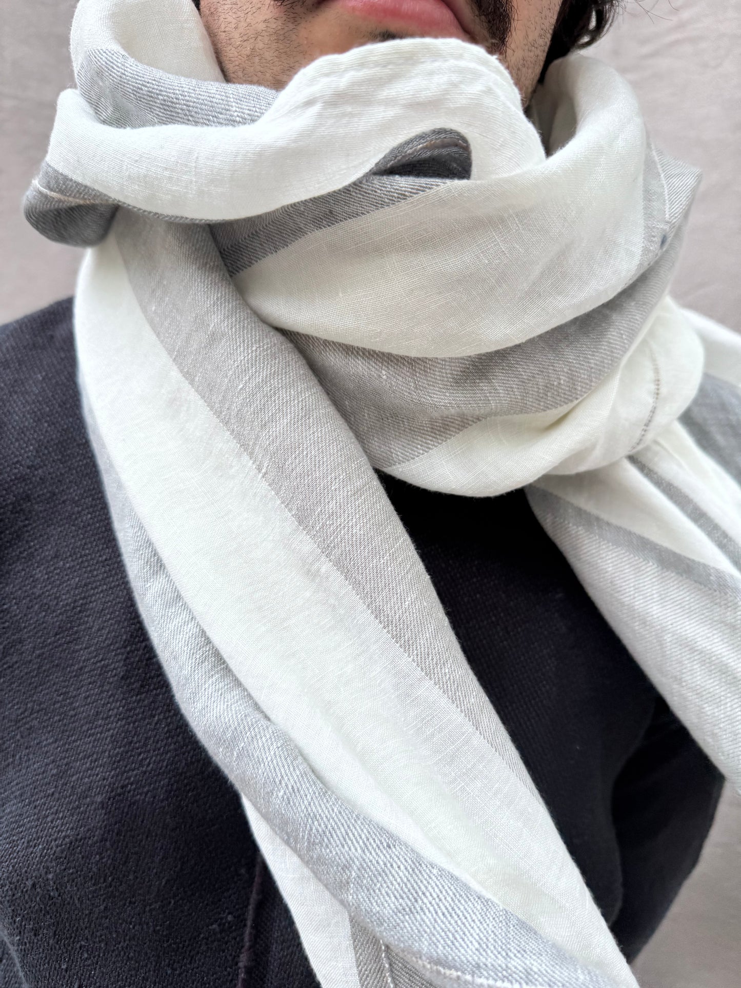 FW25 || LARGE LINEN DOUBLE WIDTH SCARF || GREY + WHITE