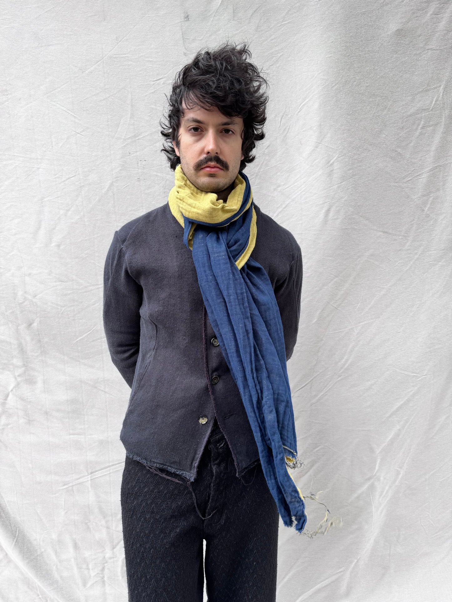 FW25 || COTTON LINEN SLIM SCARF || BLUE + RUST