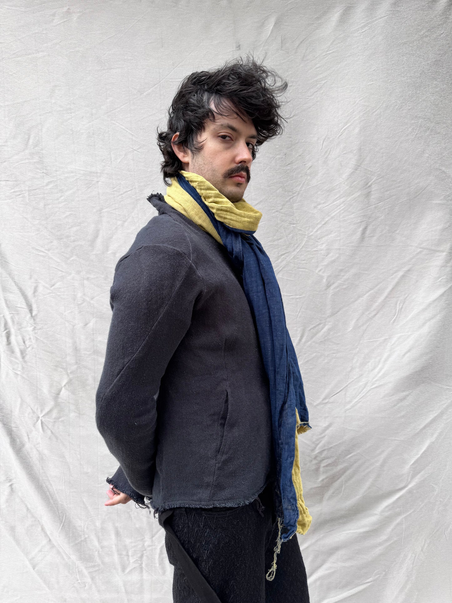 FW25 || COTTON LINEN SLIM SCARF || BLUE + RUST