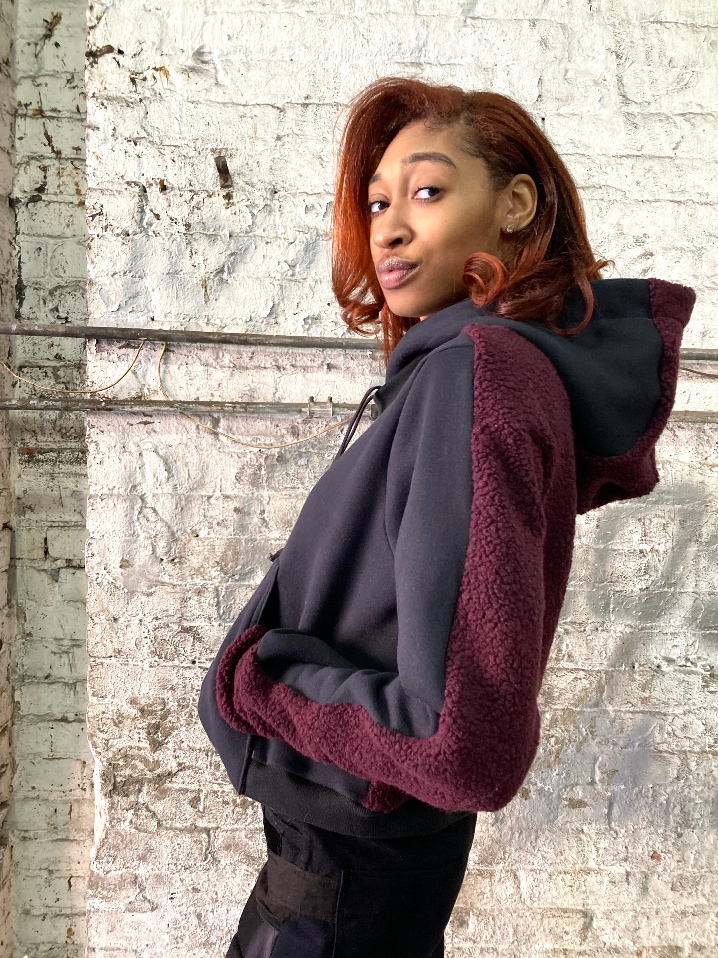 21.2 .5 FAULTED SHOULDER || 420 || CROPPED HOODIE - MAROON + BLACK