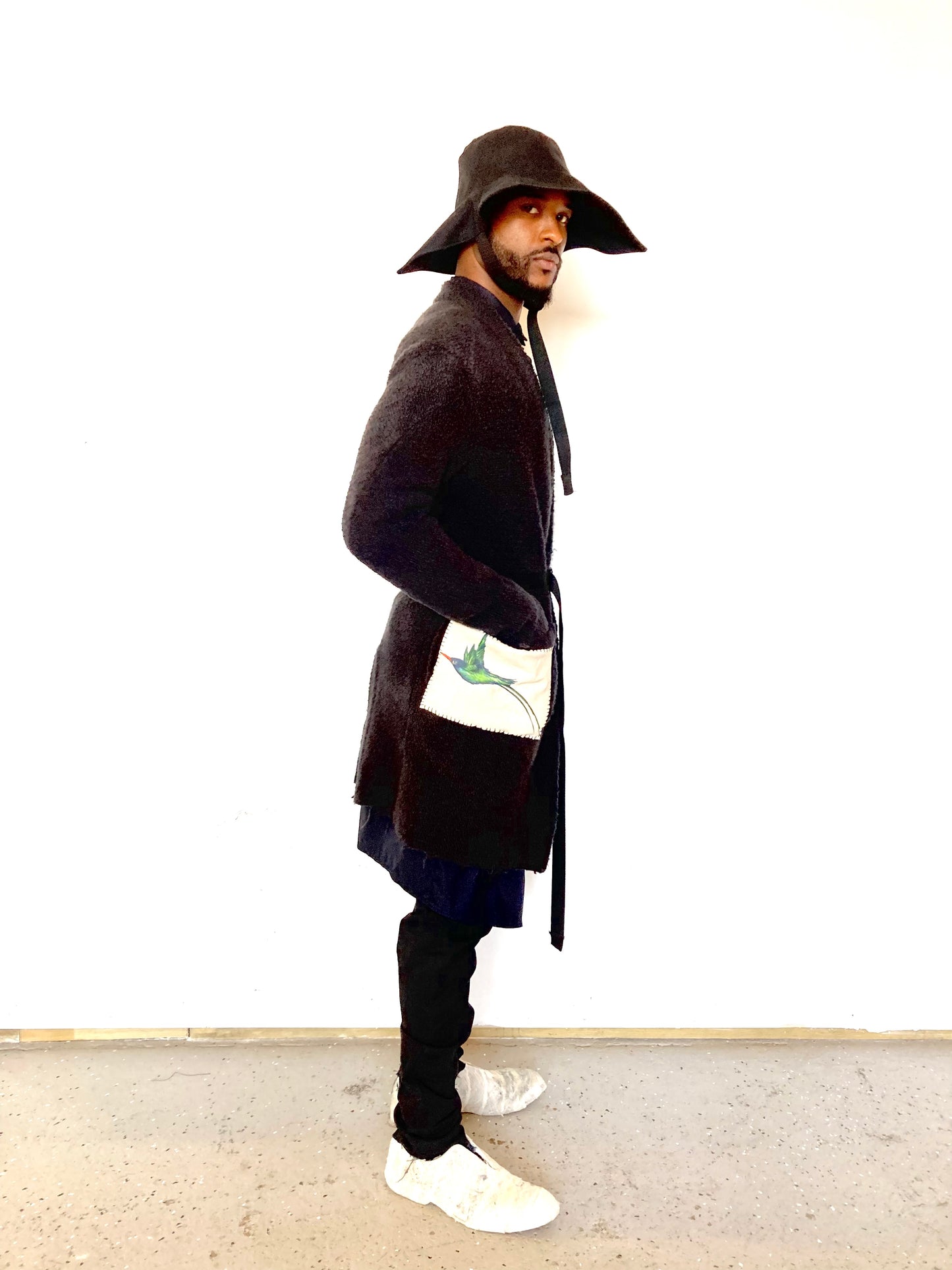KNG13 || BIRD HUNTING BOILED WOOL LONG CARDIGAN || BLACK