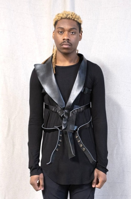 SS23 || ASYMMETRIC LAPEL BONDAGE LEATHER VEST
