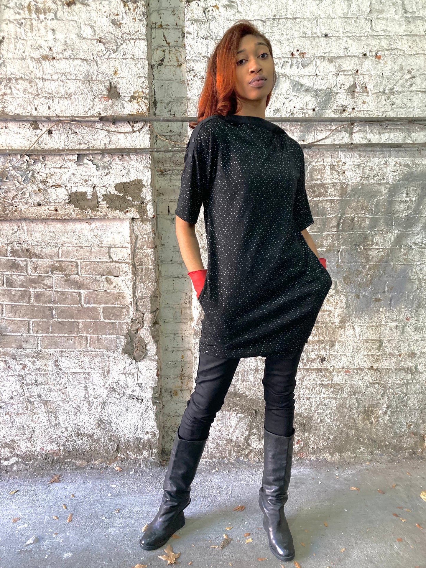 21.2 .5 PRIMORDIAL SNAP COLLAR DRESS || COTTON || - SPECKLED BLACK