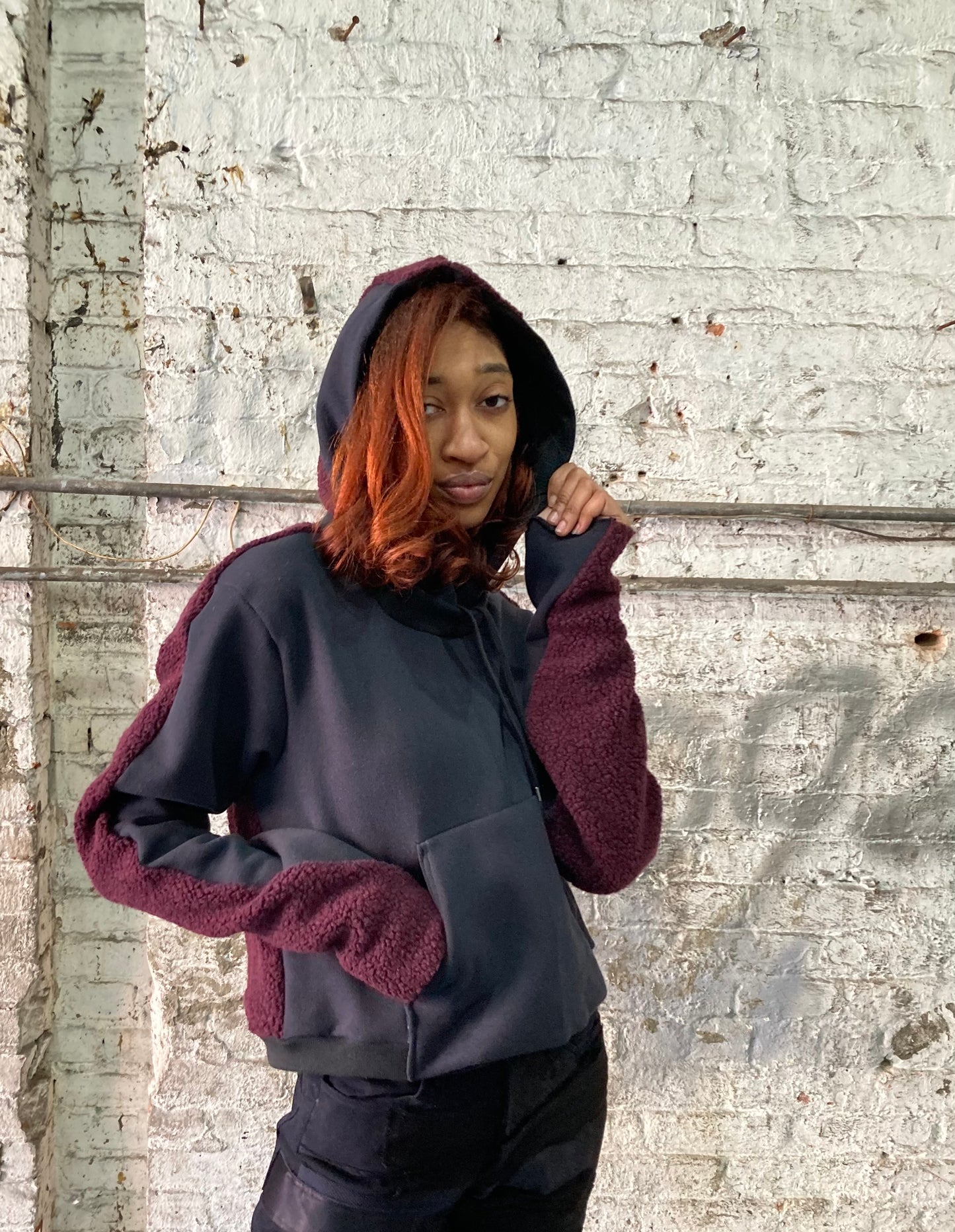21.2 .5 FAULTED SHOULDER || 420 || CROPPED HOODIE - MAROON + BLACK