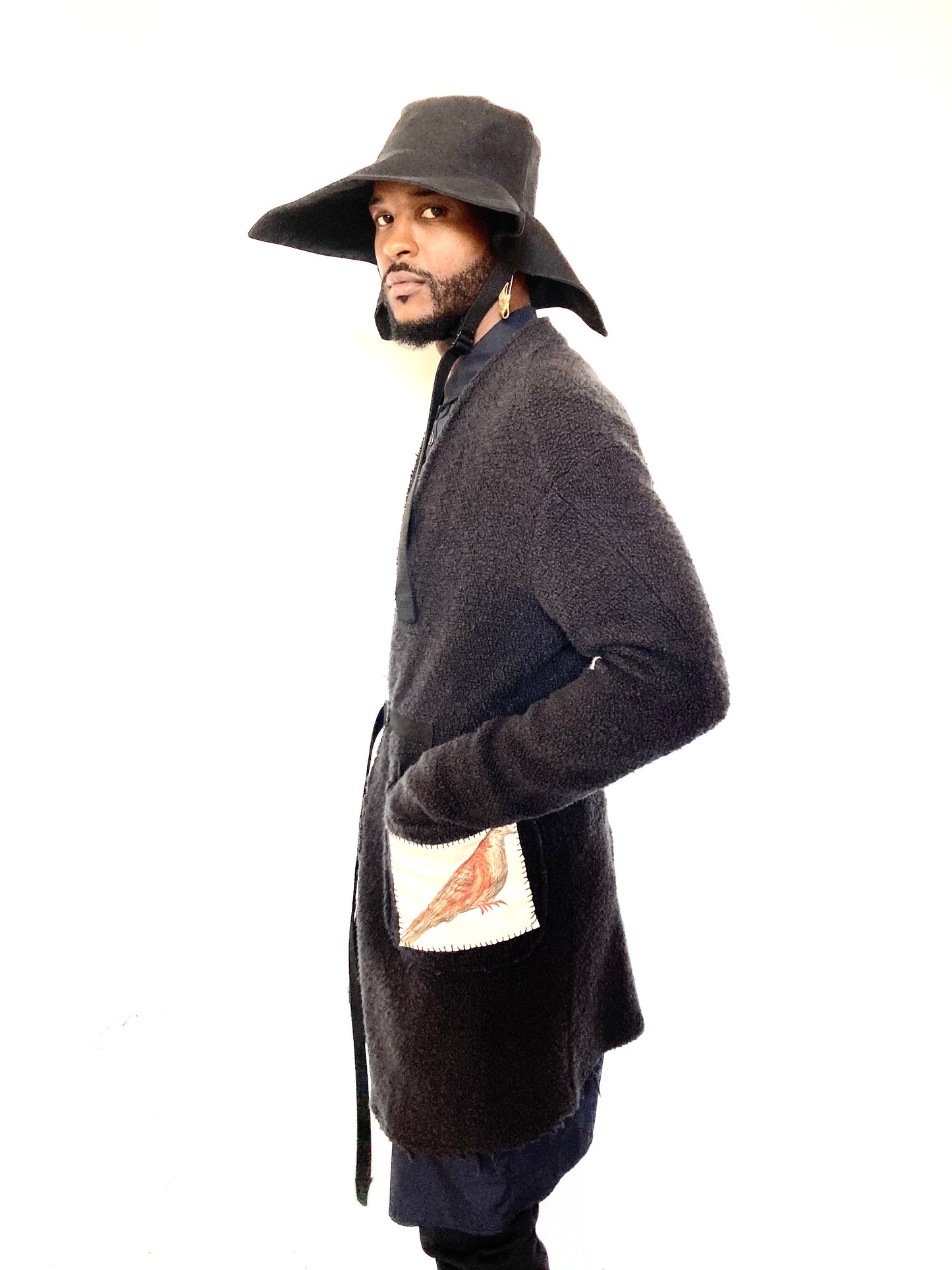 KNG13 || BIRD HUNTING BOILED WOOL LONG CARDIGAN || BLACK