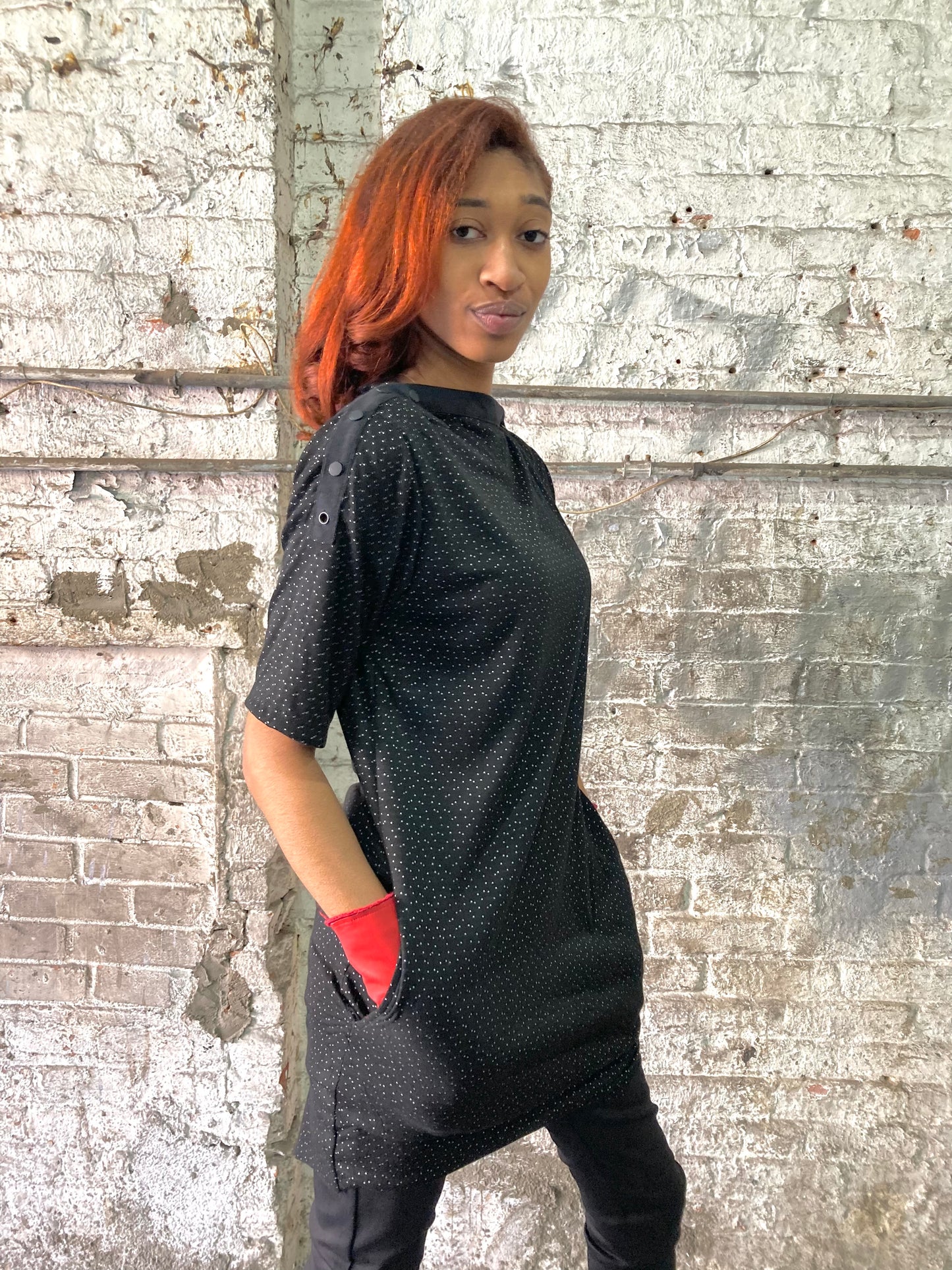 21.2 .5 PRIMORDIAL SNAP COLLAR DRESS || COTTON || - SPECKLED BLACK