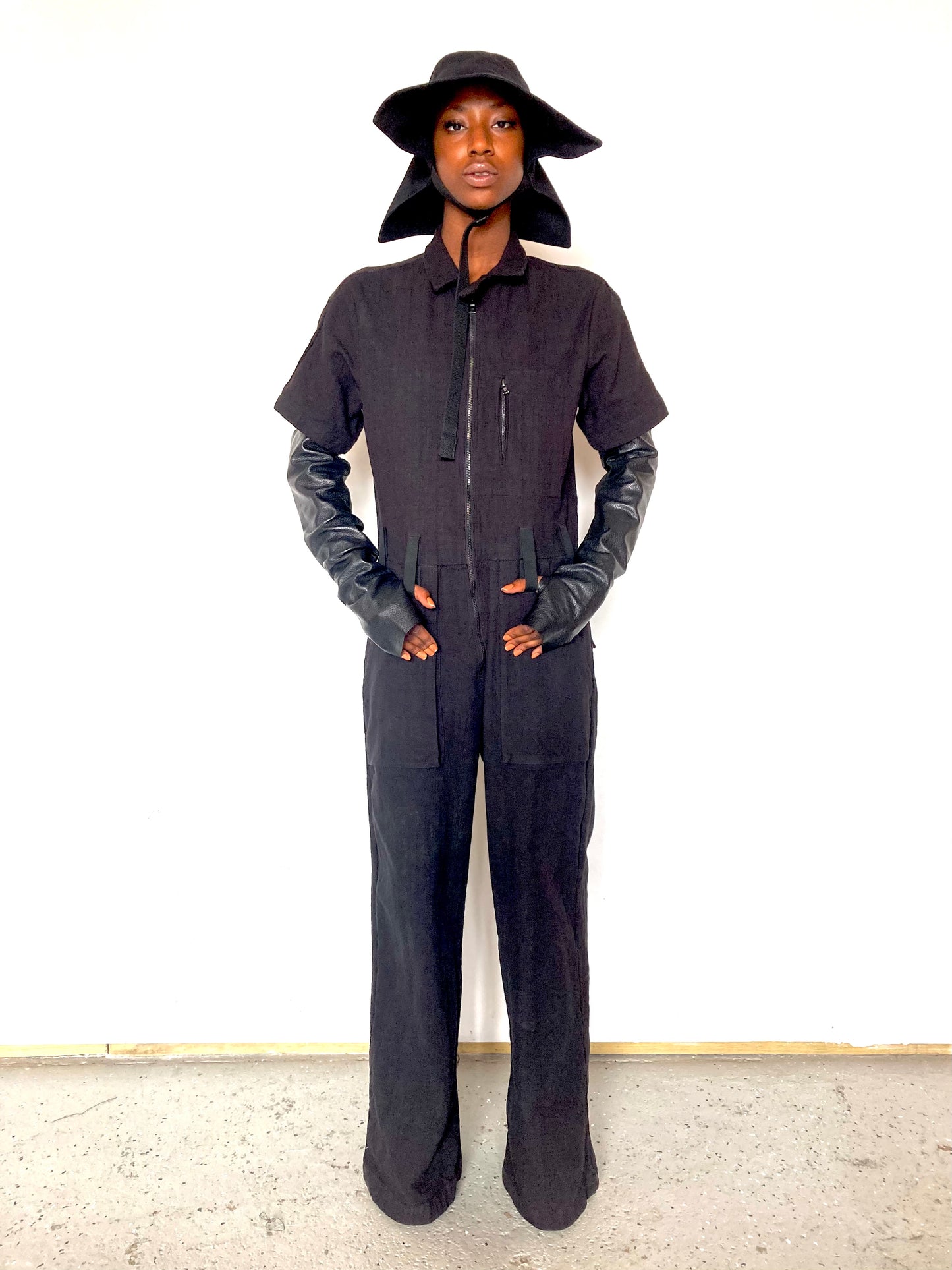 KNG13 || FEMME - LONG COVERALLS || SILK + COTTON - OD BLACK