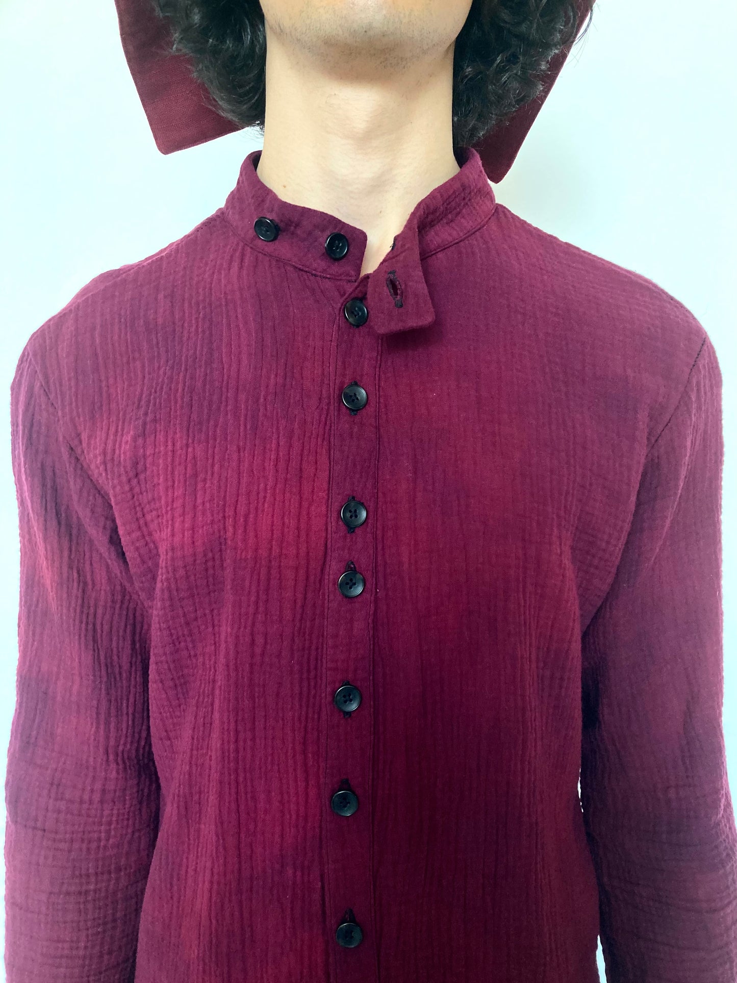 KNG13 || FAULTED SHOULDER LONG SHIRT BAND COLLAR || MAROON ||