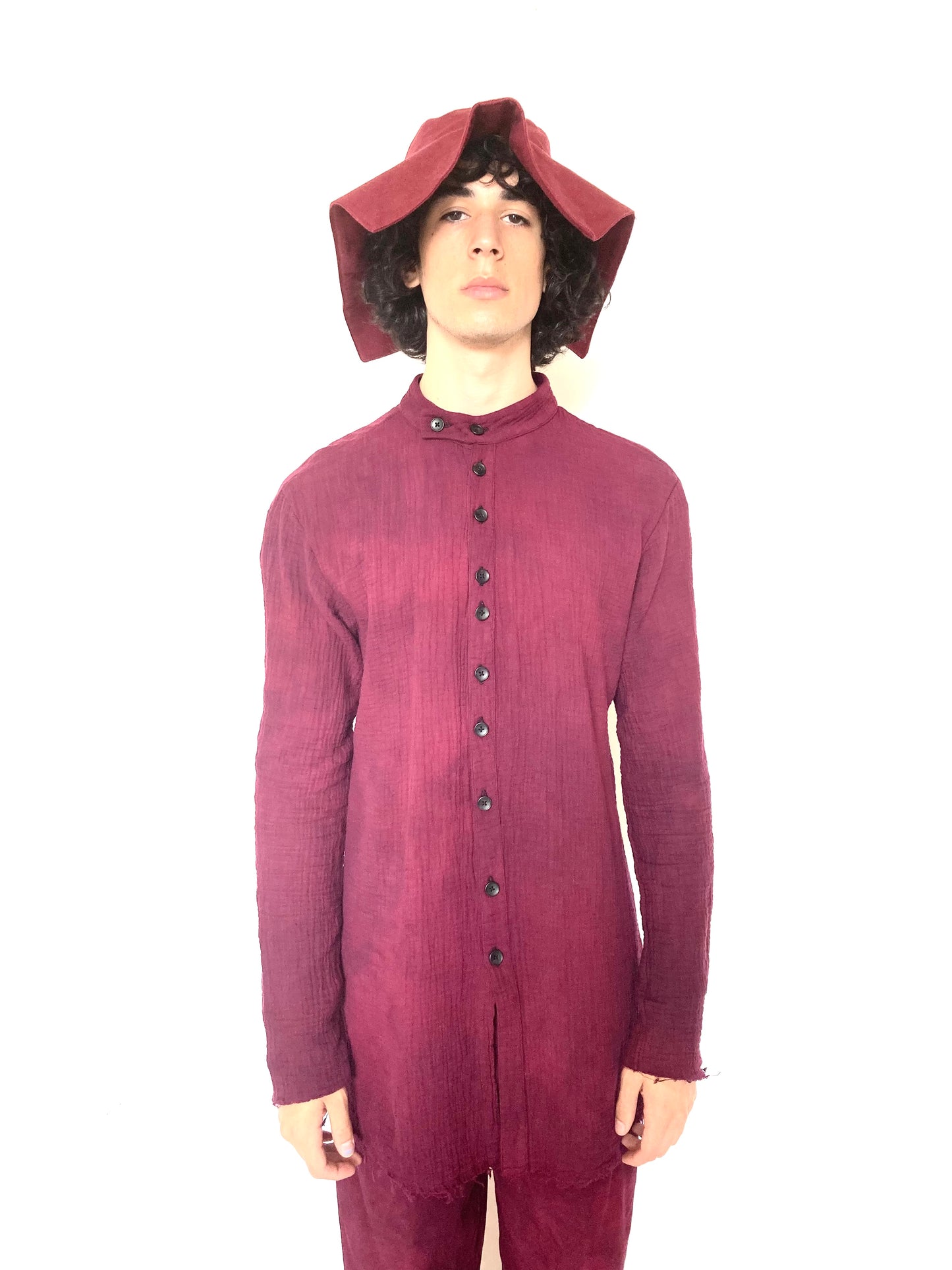 KNG13 || FAULTED SHOULDER LONG SHIRT BAND COLLAR || MAROON ||