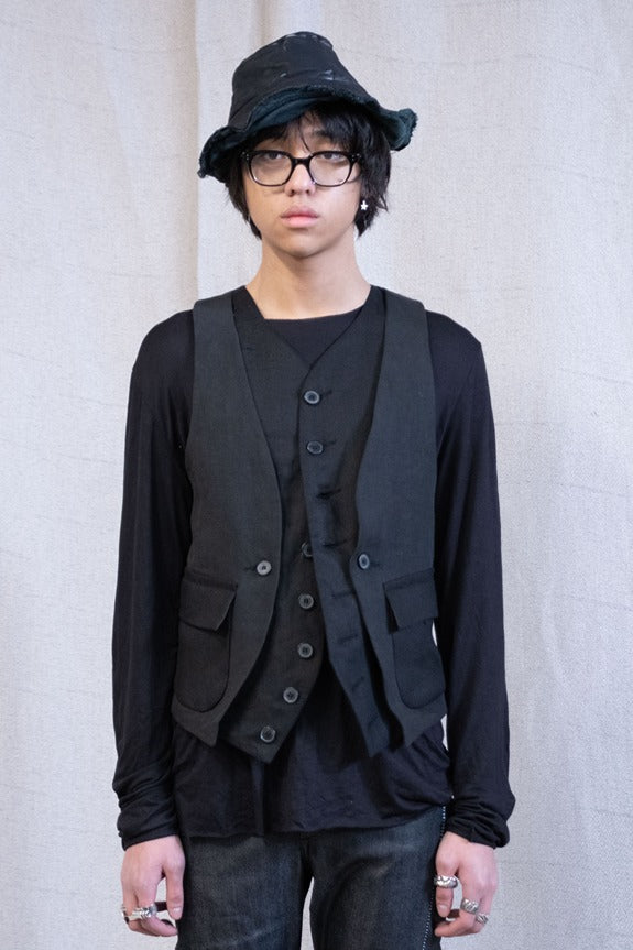SS23 ||VINTAGE LINEN DOUBLE FRONT VEST - BLACK
