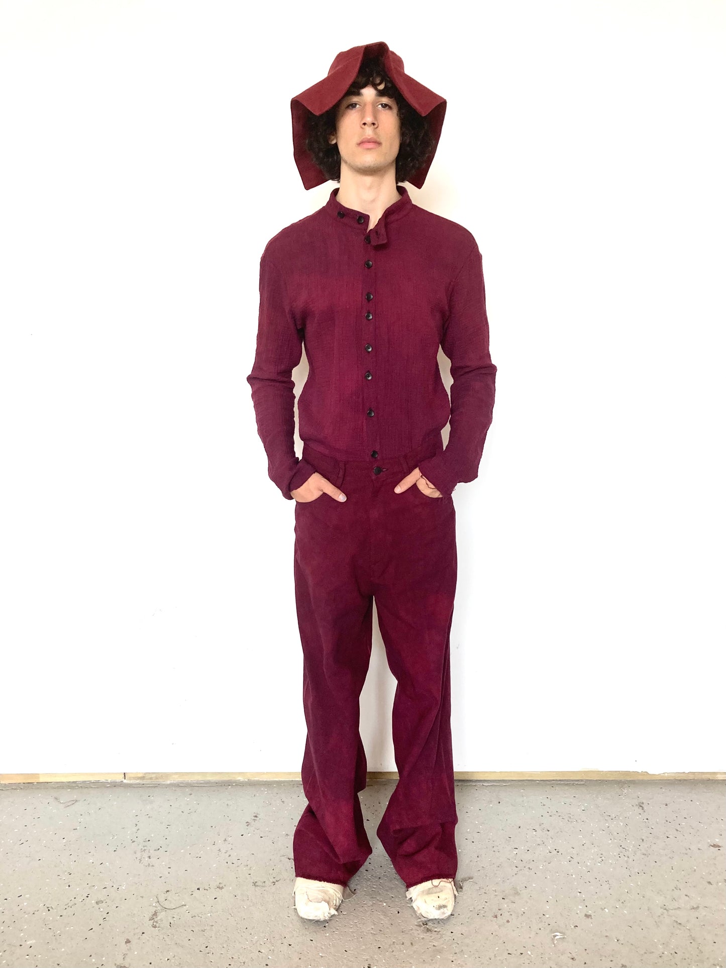 KNG13 || FAULTED SHOULDER LONG SHIRT BAND COLLAR || MAROON ||