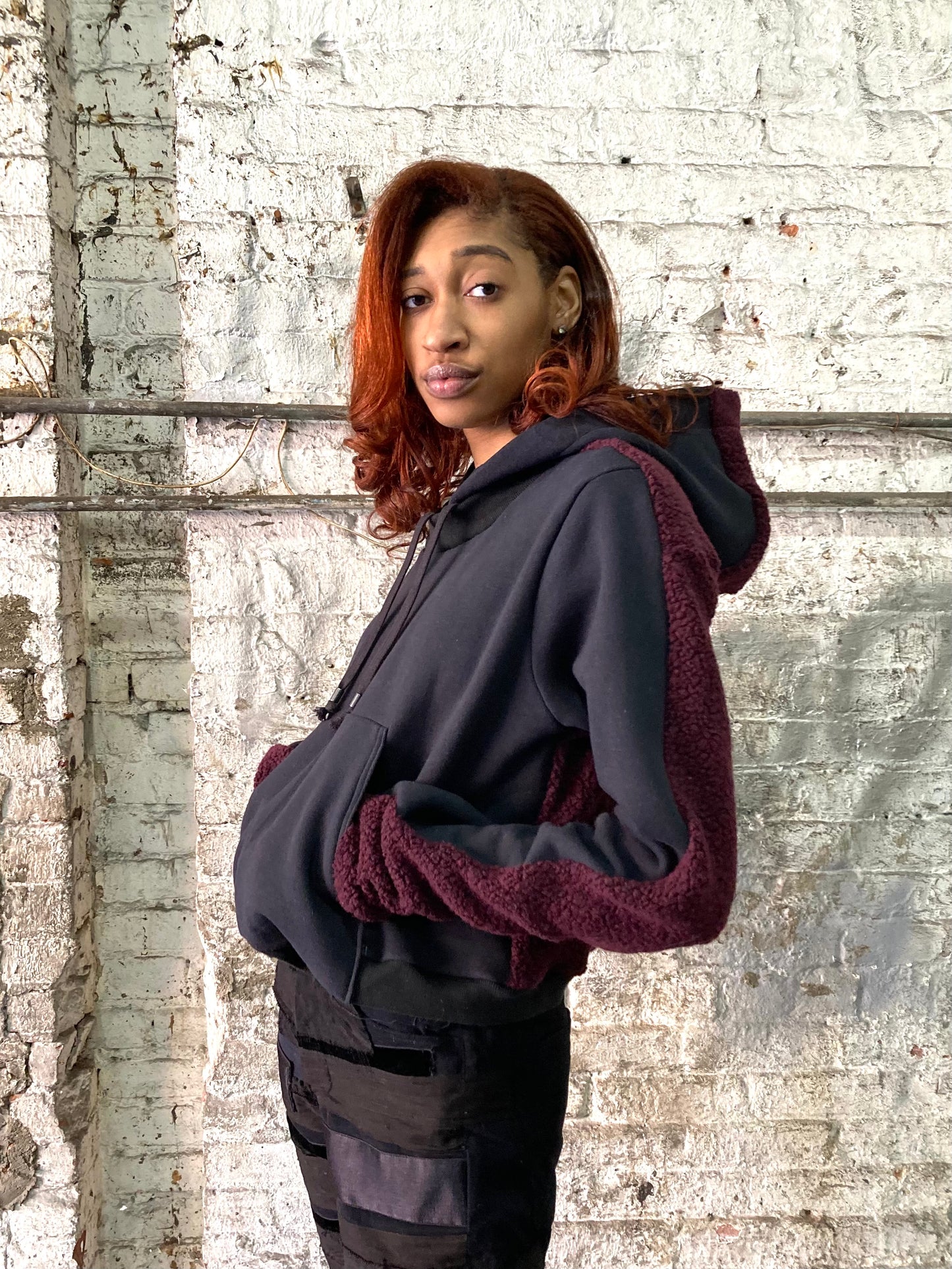 21.2 .5 FAULTED SHOULDER || 420 || CROPPED HOODIE - MAROON + BLACK