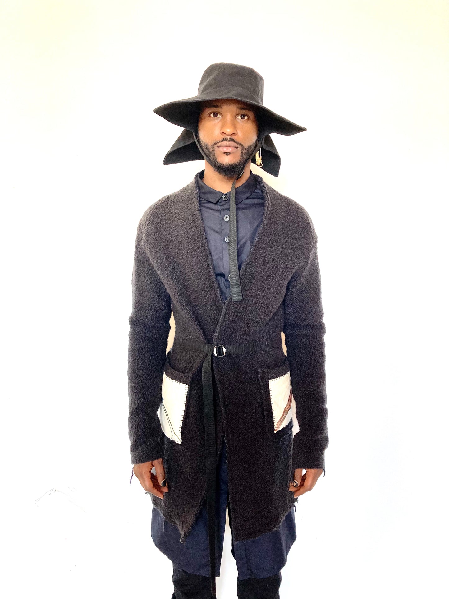 KNG13 || BIRD HUNTING BOILED WOOL LONG CARDIGAN || BLACK