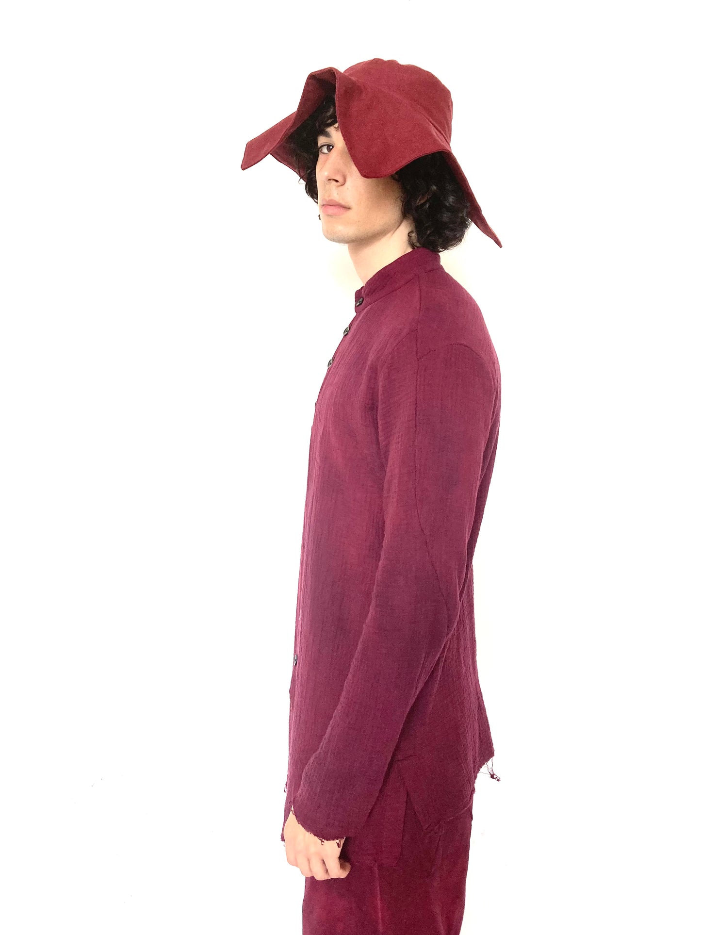 KNG13 || FAULTED SHOULDER LONG SHIRT BAND COLLAR || MAROON ||