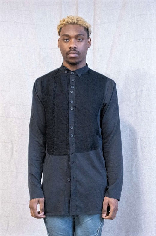 SS23 || FAULTED SHOULDER RUCHED BIB FRONT SHIRT || BLACK