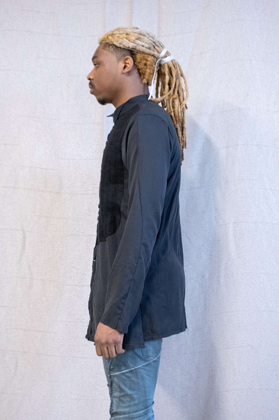 SS23 || FAULTED SHOULDER RUCHED BIB FRONT SHIRT || BLACK