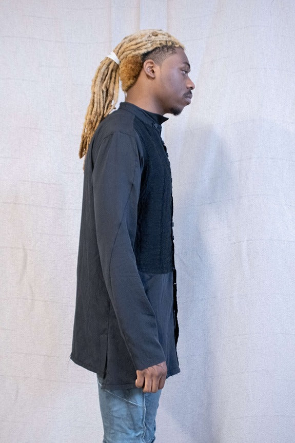 SS23 || FAULTED SHOULDER RUCHED BIB FRONT SHIRT || BLACK