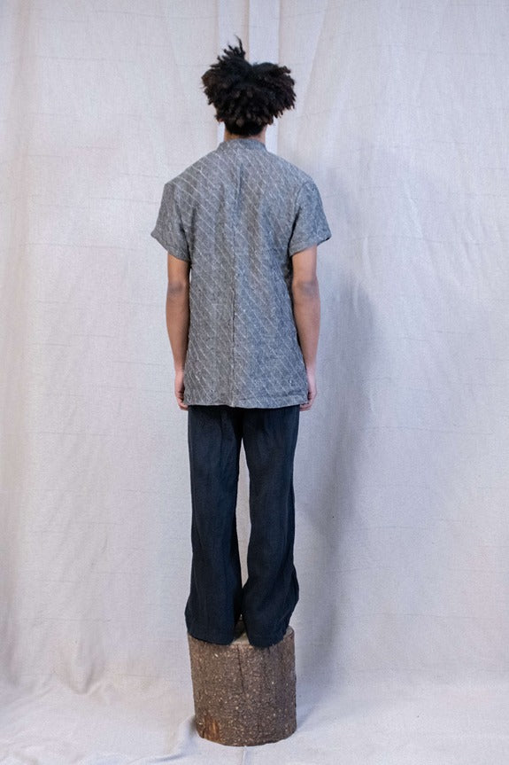 SS23|| FAULTED SHOULDER SHORT SLEEVE SHIRT - LINEN BROCADE GREY
