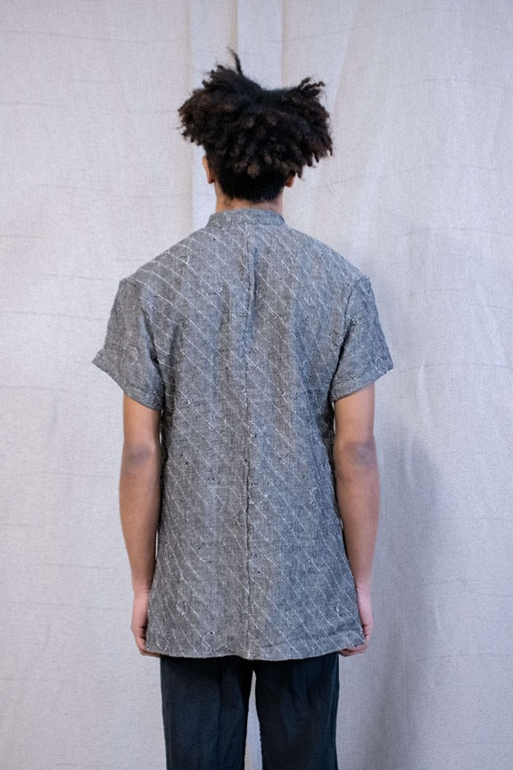 SS23|| FAULTED SHOULDER SHORT SLEEVE SHIRT - LINEN BROCADE GREY