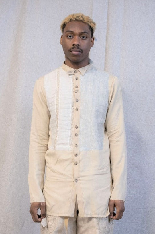 SS23 || FAULTED SHOULDER RUCHED BIB FRONT SHIRT || BEIGE