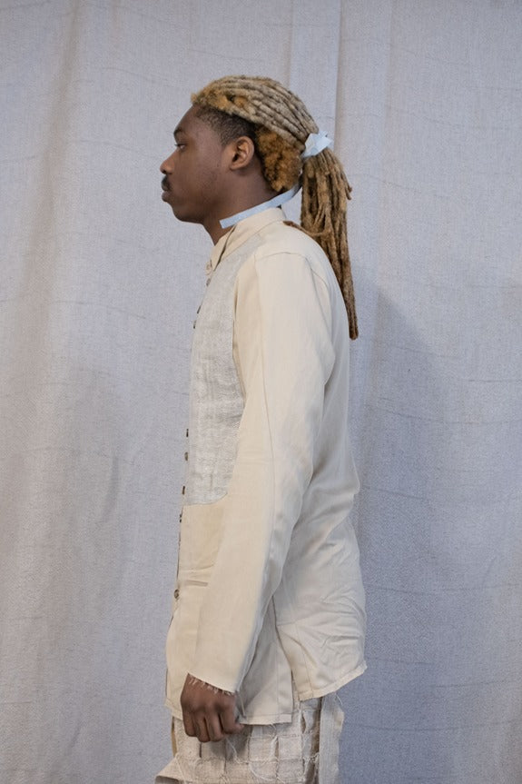 SS23 || FAULTED SHOULDER RUCHED BIB FRONT SHIRT || BEIGE