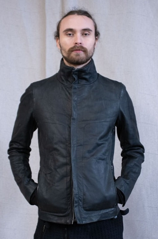 SS23|| HIGH NECK INNER LEATHER JACKET - HORSEHIDE || BLACK