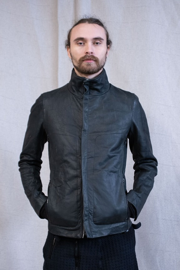 SS23|| HIGH NECK INNER LEATHER JACKET - HORSEHIDE || BLACK