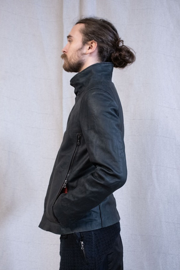 SS23|| HIGH NECK INNER LEATHER JACKET - HORSEHIDE || BLACK
