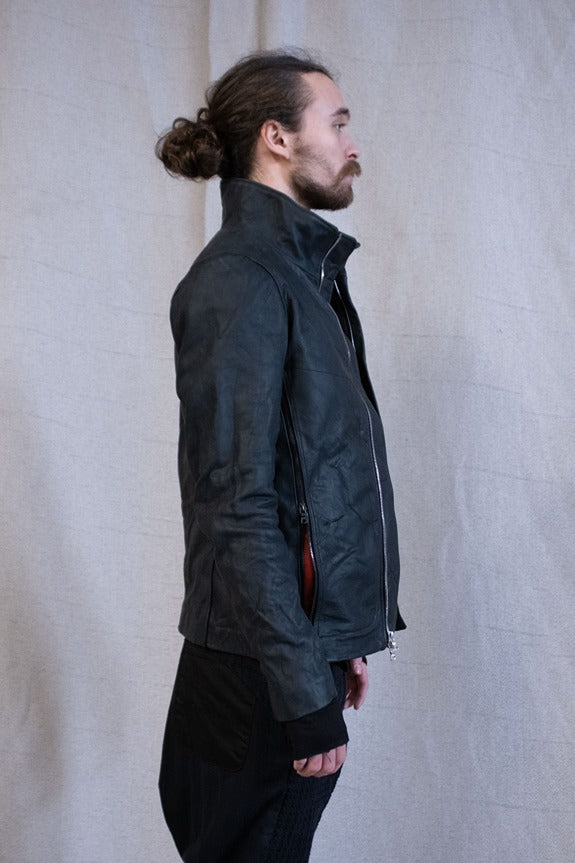 SS23|| HIGH NECK INNER LEATHER JACKET - HORSEHIDE || BLACK