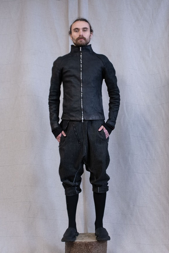 SS23|| RAGLAN FRONT LEATHER JACKET- OD BLACK HORSEHIDE