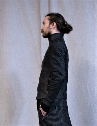 SS23|| RAGLAN FRONT LEATHER JACKET- OD BLACK HORSEHIDE