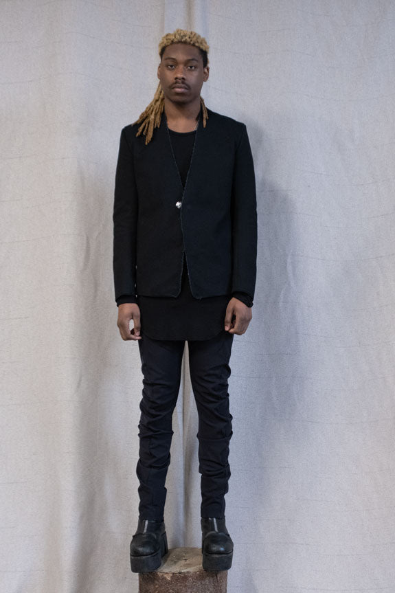 SS23|| SHAWL COLLAR SLIM BLAZER - BLACK COTTON CANVAS