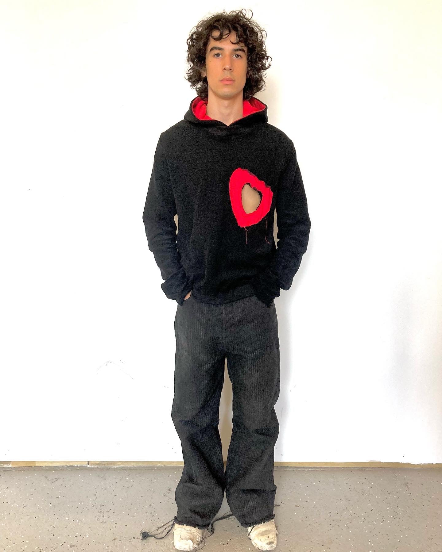 KNG13 || HEMMINGS OPEN HEART HOODIE || RED + BLACK ||
